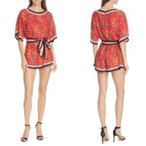 Alice & Olivia Floral Red Romper with Black Trim